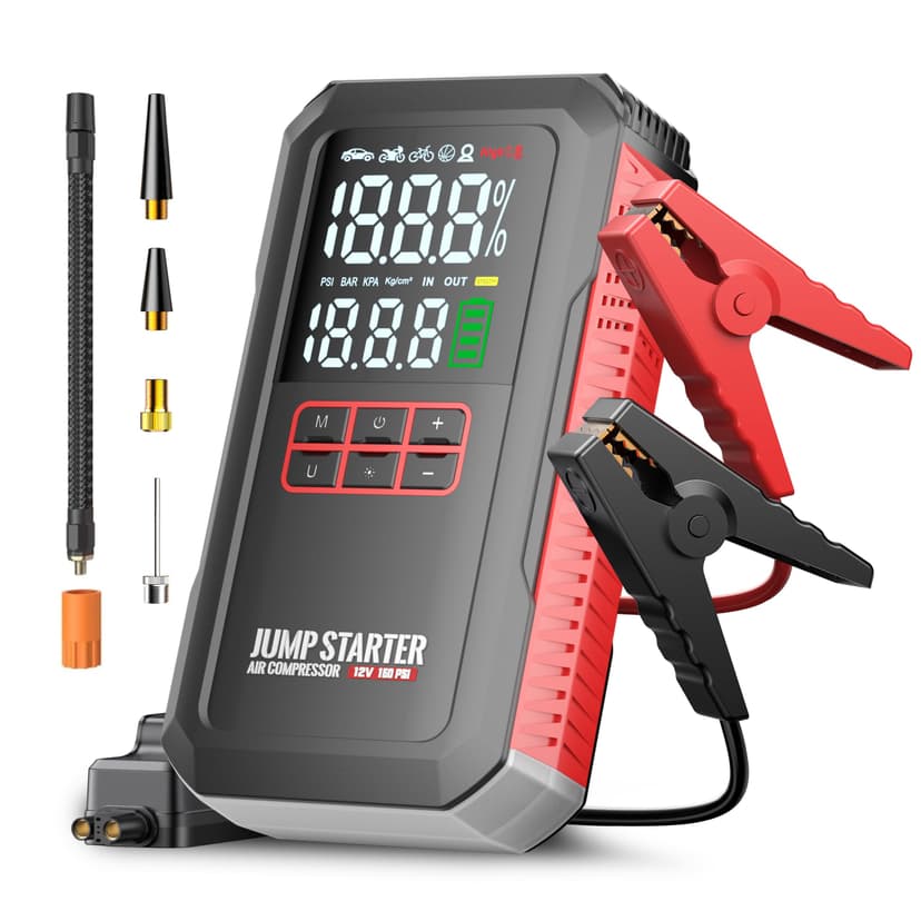 5000A Car Battery Jump Starter with Air Compressor 160PSI, Battery Jumper Starter Portable 7.0L Gas/6.0L Diesel, Jumper Cables, Car Battery Charger with Power Bank & Light, Roadside Emergency Kit