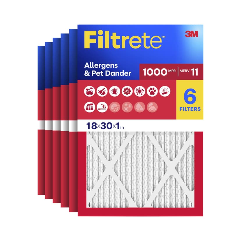 Filtrete 18x30x1 Air Filter, MERV 11, MPR 1000, Allergens & Pet Dander, 3-Month AC and Furnace Filters, Cleaner Air, Reliable Airflow, 6 HVAC Filters (Actual Size 17.68 x 29.68 x 0.81 in)
