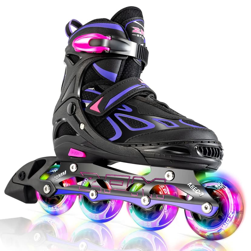 2PM SPORTS Vinal Girls Adjustable Flashing Inline Skates, All Wheels Light Up, Fun Illuminating Skates for Kids Men Adult Women and Boys