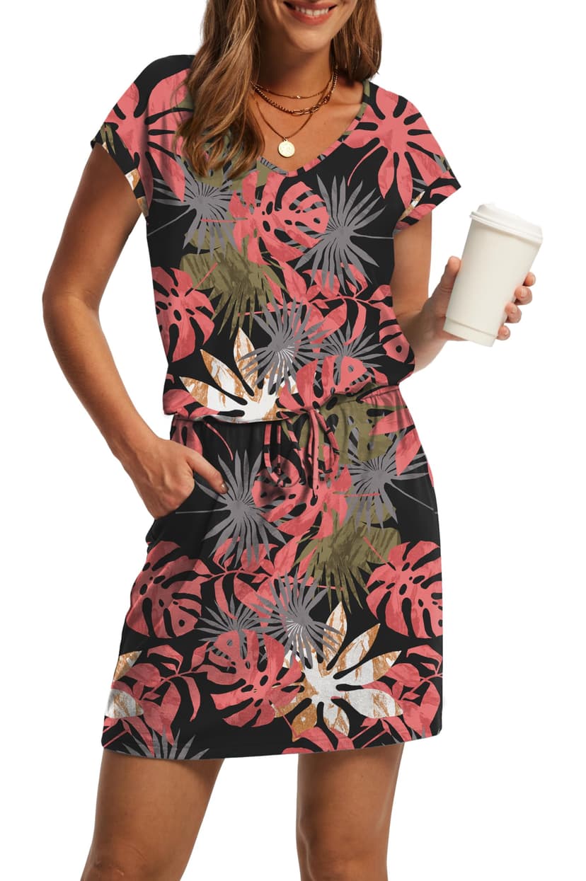 OFEEFAN Summer Dresses for Women 2026 V Neck T Shirt Casual Mini Dresses Tie Waist Sundresses with Pockets