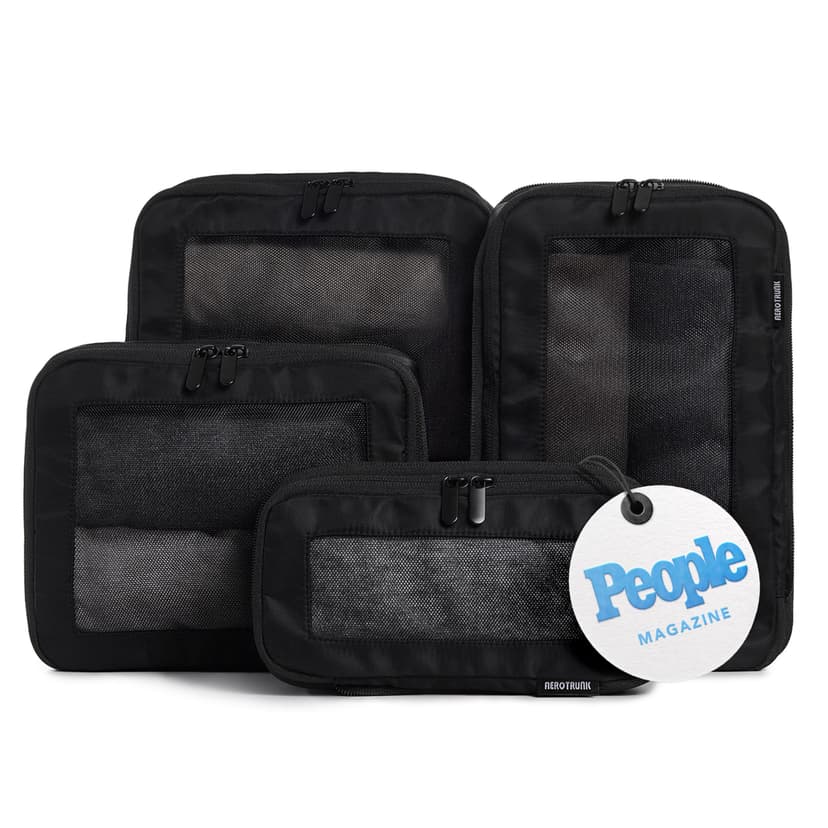 Aerotrunk Compression Packing Cubes for Travel, 4-Pack, Black | Solves overpacking, 4-Piece set fits most carry-ons, 50% Space savings, Compression luggage organizer bags