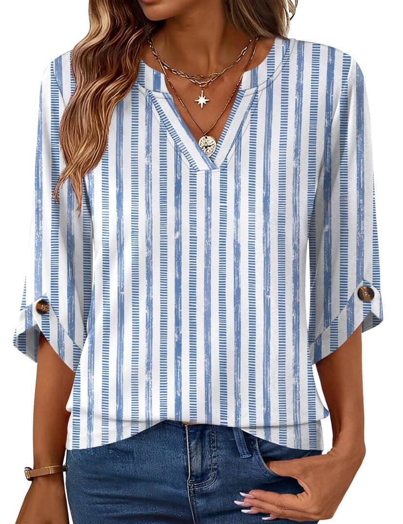Kistore Womens 3/4 Length Sleeve Tunic Tops Dressy Casual V Neck Shirts Trendy Flowy Tees
