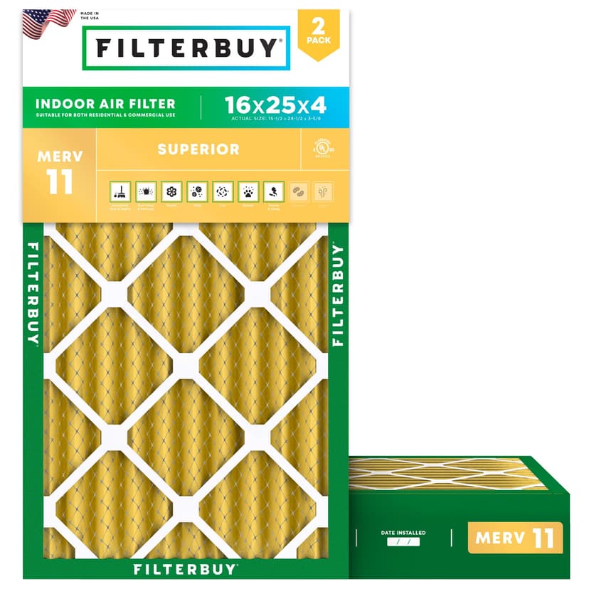 Filterbuy 16x25x4 Air Filter MERV 11 Pet & Allergy Defense (2-Pack) | Electrostatic Pleated HVAC AC Furnace Filters Replacement, Made in USA (Actual Size: 15.50 x 24.50 x 3.63)