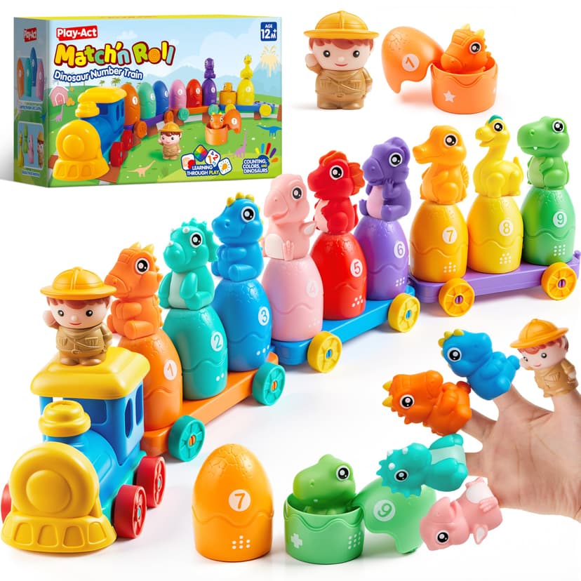 Play-Act Learning Toys for 1 2 3 Years Old, Counting, Matching & Sorting Montessori Learning Dinosaur Train Including 9 Dinosaurs, Birthday Gift for Baby Boys Girls