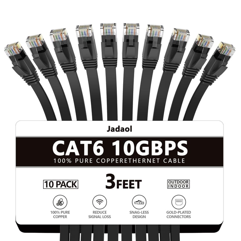 Jadaol Cat6/Cat6A Ethernet Cable 3FT 10Pack Flat 10Gbps Network Cable Black | 1FT 3FT 5FT 10FT 15FT 20FT 25FT 30FT 35FT 50FT 60FT 75FT 100FT 150FT 200FT LAN Patch Cable for Router, Modem, Switch, Gami