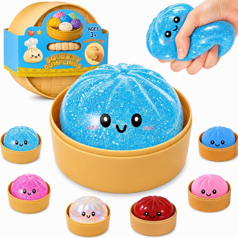 Dumpling Squishies, Glitter Dumpling Mystery Box, Fidget Sensory Toy for Adults,Colorful Dumplings Stress Balls with Food Steamer,Stretchy Desk Toys (Glitter Blue)