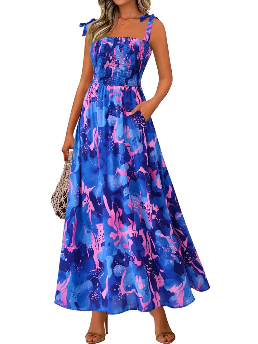 PRETTYGARDEN Womens Summer Dresses Floral Sleeveless Smocked Maxi Dress Boho Spaghetti Strap A Line Flowy Beach Long Sundress