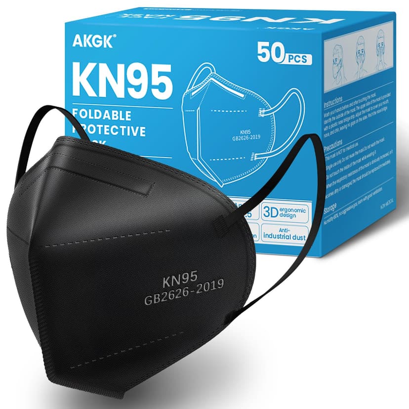 akgk KN95 Face Mask 50 PCS, Breathable Protection Masks, 5-Ply KN95 Black Masks, Cup Dust Safety Masks