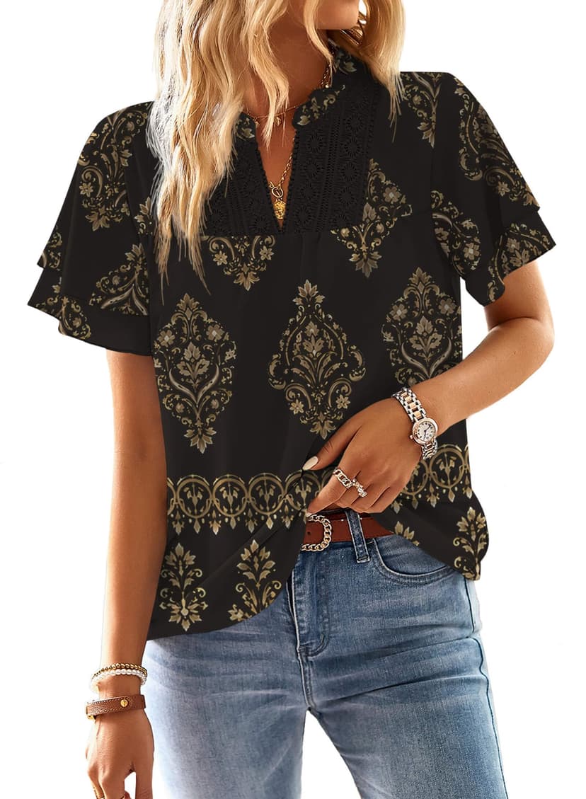 Falechay Womens Tops Boho Flowy Shirts Dressy Casual Short Sleeve Blouses | V Neck Loose Fit Blouses, Business Work, Hide Tummy, Lace Ladies Summer Outfits, Swiss Dot, Babydoll Crochet Trendy Clothes
