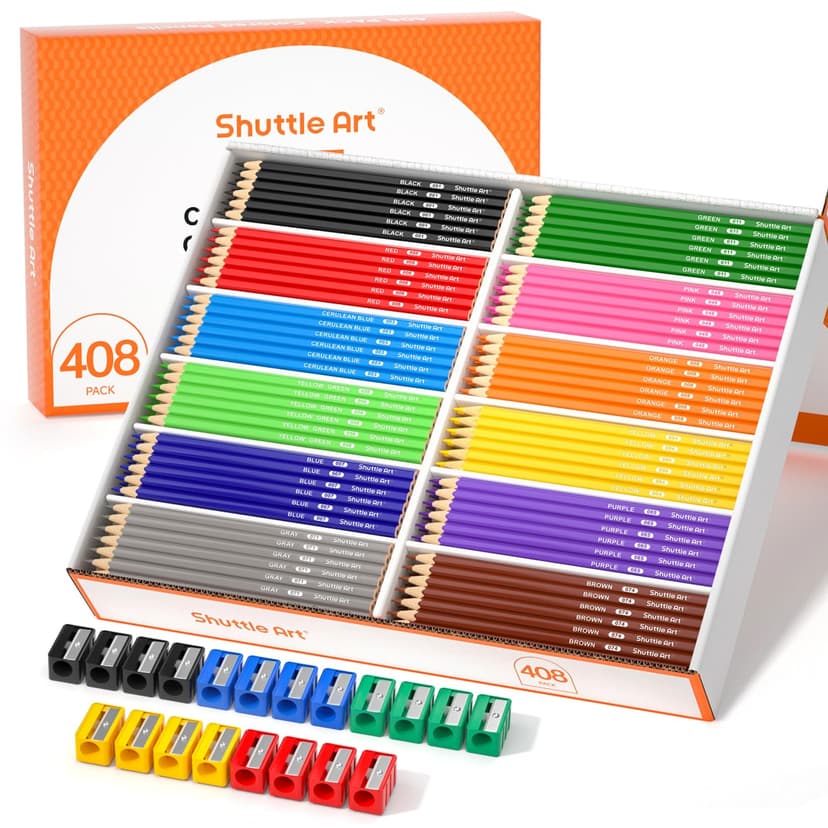 Shuttle Art Colored Pencils Bulk, 408 Pack Coloring Pencil Set Plus 20 Sharpeners, 12 Assorted Colors, Classroom Pack School Supplies