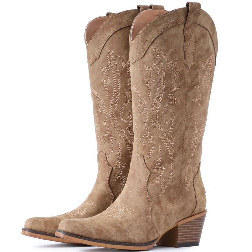 IUV Cowboy Boots For Women Western Cowgirl Boots Mid Calf Snip Toe | Chunky Heel Ideal for low insteps
