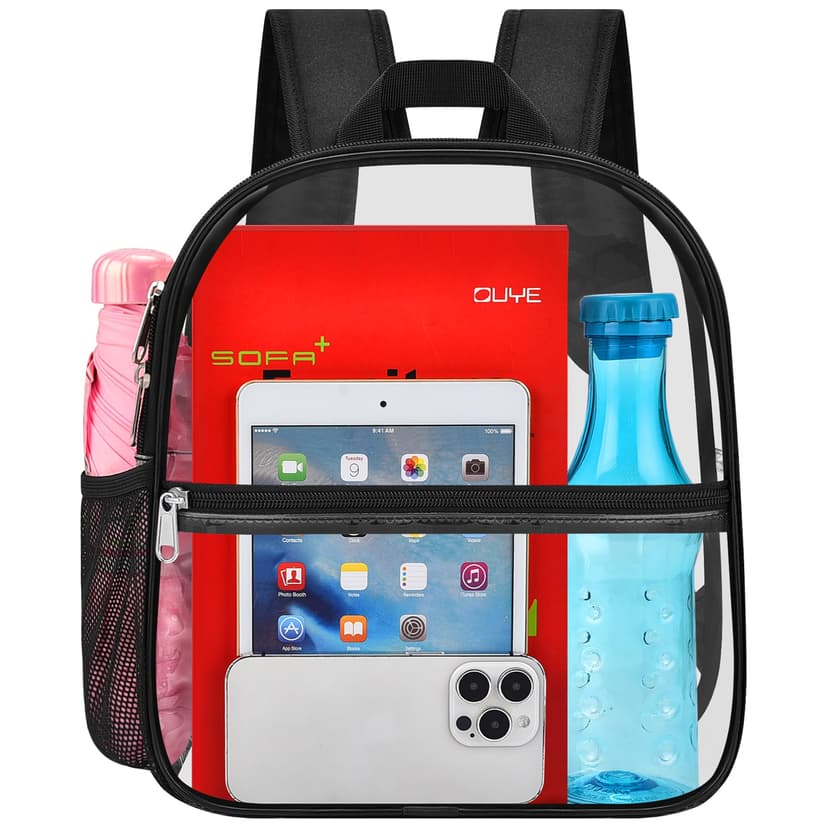 Oraben Clear Backpack for Stadium Events Sports Fan Backpack Stadium Bag | 12x6x11 in,Heavy Duty PVC Mini Small Clear Bag for Concerts, Sports,Work,Side Water Bottle Pocket