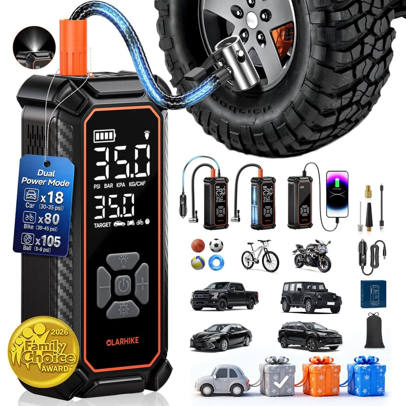 OlarHike Tire Inflator Portable Air Compressor, 150PSI Dual Power - 6000mAh & 12V DC, Cordless Air Pump for Car Tires, Bike, Motorcycle, Balls with LED & Digital Pressure Gauge, Auto Shut‑Off