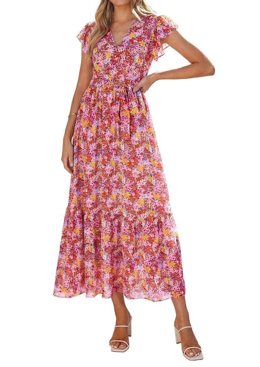 PRETTYGARDEN Women's Summer Floral Boho Maxi Dress Short Sleeve Wrap V Neck Ruffle Long Flowy Beach Wedding Guest Dresses