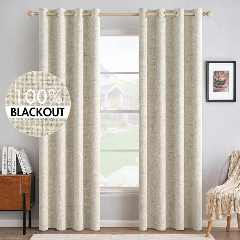 MIULEE 100% Blackout Linen Curtains for Bedroom 52x96 Inches Butter Cream | Room Darkening, Light Blocking, Thermal Insulated, Grommet Top, Linen Textured, Window Curtains for Living Room, 2 Panels