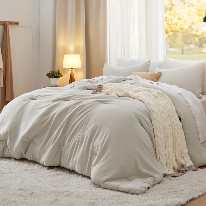 Bedsure King Comforter Set, Beige Soft Prewashed Bedding for All Seasons, 3 Pieces GentleSoft™ Bed Set, 1 Lightweight Comforter (104"x90") and 2 Pillowcases (20"x36")