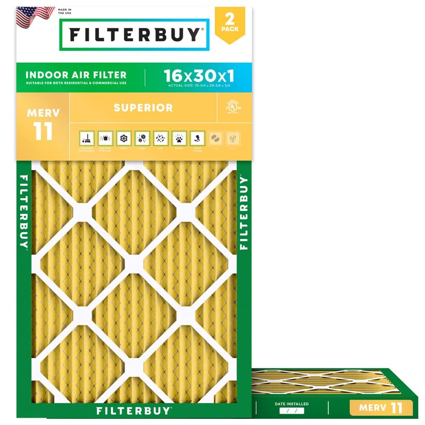 Filterbuy 16x30x1 Air Filter MERV 11 Pet & Allergy Defense (2-Pack) | Electrostatic Pleated HVAC AC Furnace Filters Replacement, Made in USA (Actual Size: 15.75 x 29.75 x 0.75)