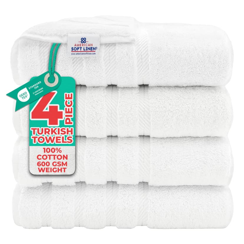 American Soft Linen Luxury 4 Piece Bath Towel Set, 600 GSM 100% Cotton Turkish Bath Towels for Bathroom, 27x54 in Extra Large Bathroom Shower Towels, White