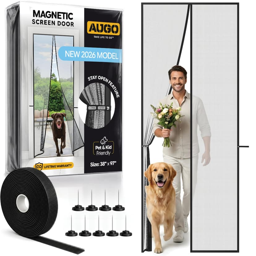AUGO Magnetic Screen Door - Self Sealing, Heavy Duty, Hands Free Mesh Partition Keeps Bugs Out - Pet and Kid Friendly - Patent Pending Keep Open Feature - 38 Inch x 97 Inch