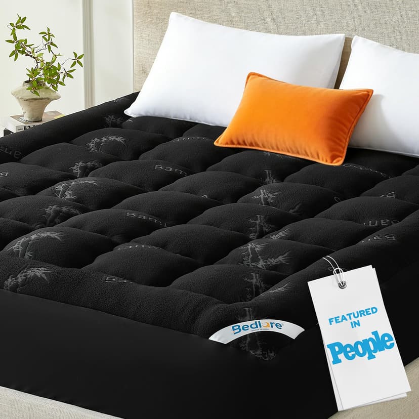 BEDLORE Queen Mattress Topper, Thick Pillow Top Mattress Pad | Stretchable Pockets Fit 6”-18” Mattress, Soft Breathable Mattress Topper for Back Pain Relief and Hot Sleepers(Black)