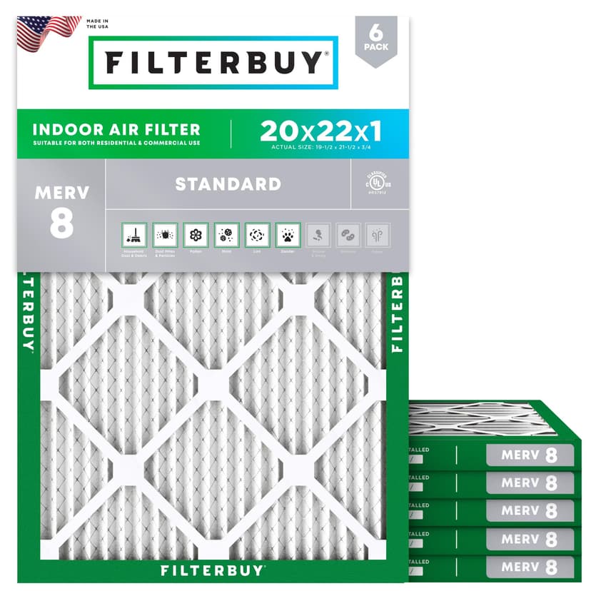 Filterbuy 20x22x1 Air Filter MERV 8 Dust & Allergy Defense (6-Pack) | Electrostatic Pleated HVAC AC Furnace Filters Replacement, Made in USA (Actual Size: 19.50 x 21.50 x 0.75)