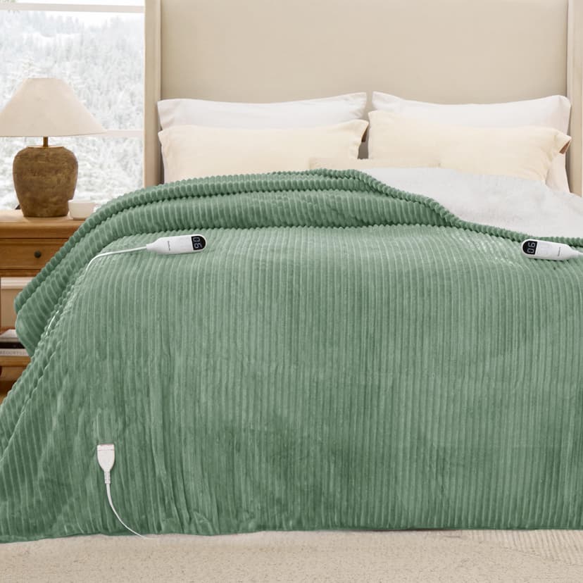 Bedsure Ribbed Electric Blanket King, Green Heated Blanket, Preheat | Fast Heating, Dual Control, 6 Heat & 6 Timer (Up to 10H) Settings, 8 Hours Auto-Off, ETL & FCC, Gifts for Grandma, 90"x100"