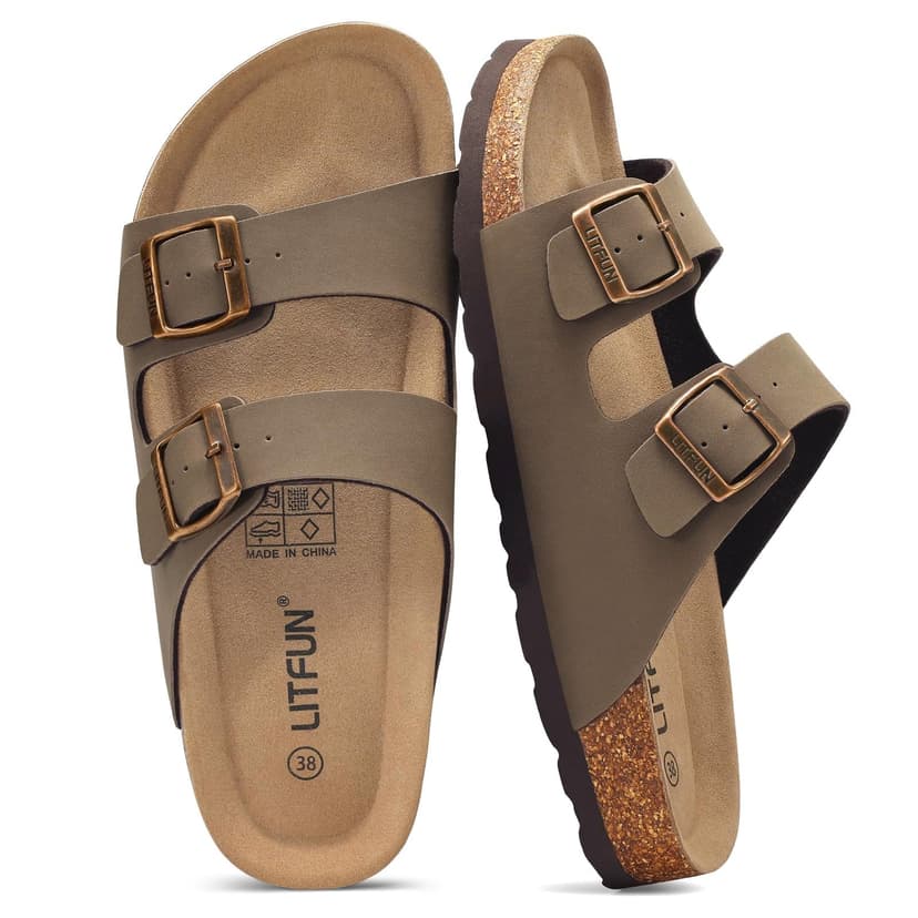 Litfun Unisex Cork Footbed Sandal Summer Slip On Slide Sandals with Adjustable Buckle for Women Men