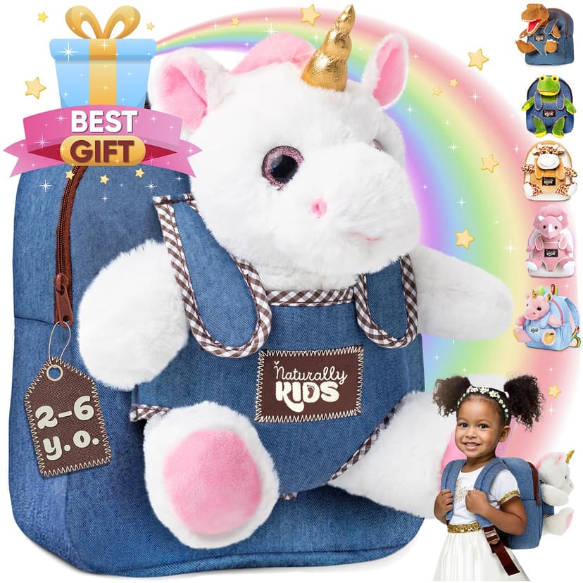 Naturally KIDS Unicorn Backpack, Toys for 2 Year Old Girl Birthday Gift | 2-in-1 Toddler backpack w. Plush Unicorn Toy, Kids Gift 2 3 4 5 6 Unicorn Toys for 3 Year Old Girl, Girls Age 4-6, Christmas
