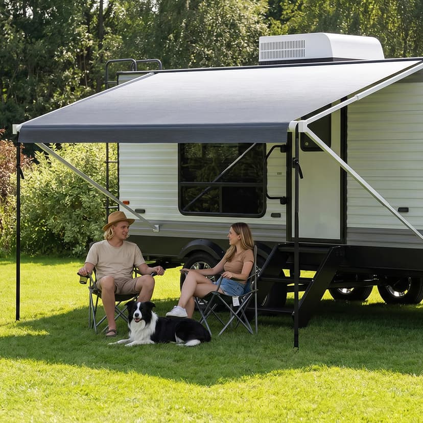 Fonzier RV Awning Fabric Replacement, 19.5oz Heavy Duty Vinyl, with Tie Down Kits & 7 Hooks & Pull Strap for Trailer Camper Awning- 12'(Fabric 11'2"), Light Gray Fade