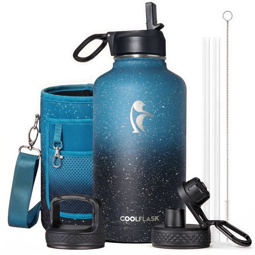 Coolflask 64 oz Water Bottle Insulated with Straw&3 Lids, Half Gallon Water Jug Galaxy Large Metal Stainless Steel Vacuum Flask for Gym, Sports and Travel, Keep Cold 48H Hot 24H,Turquoise