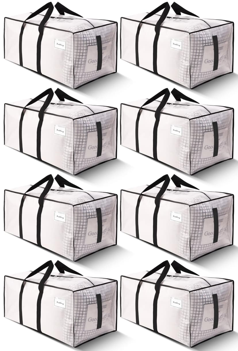 HOMESURE 8 Pack Large Strong Moving Bags with Zippers & Carrying Handles - Water-Resistant - Heavy Duty Storage Tote for Space Saving, Fold Flat, Alternative to Moving Box (Semi-Transparent)