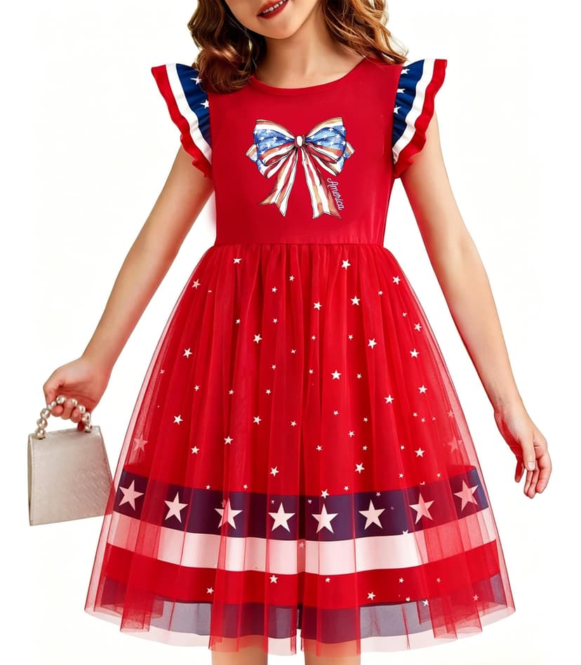 Girls 4th of July Dress American Patriotic Outfit USA Independence Day Clothes Flutter Sleeve Tulle Tutu Dress 5-14y