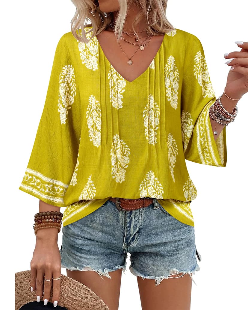 Youtalia Womens V Neck 3/4 Sleeve Bohemian Casual Blouses Loose Fit Tunic Tops Shirt Boho Floral Vacation Clothes