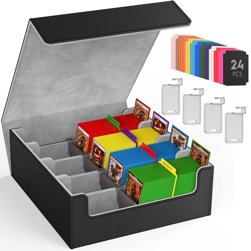 OEODAJ 4 Row Trading Card Storage Box, 3200+ MTG Card Storage, Black & Gray | TCG Card Organizer Box with 24 Colorful Dividers and 4 Stands, Bulk PKM Storage, Deck Case Holder Fits for YuGiOh, Game Ca