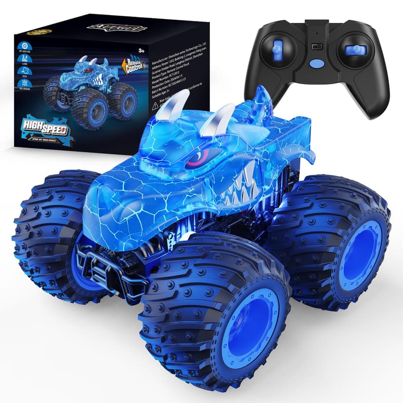 AUUGUU Remote Control Car, 2.4GHz Monster Trucks Toys with Light Spray, Birthday Gift for Kids 3 4 5 6 7 8, All Terrain RC Cars, Toddler Toys for Boys Girls 3+ Year Old