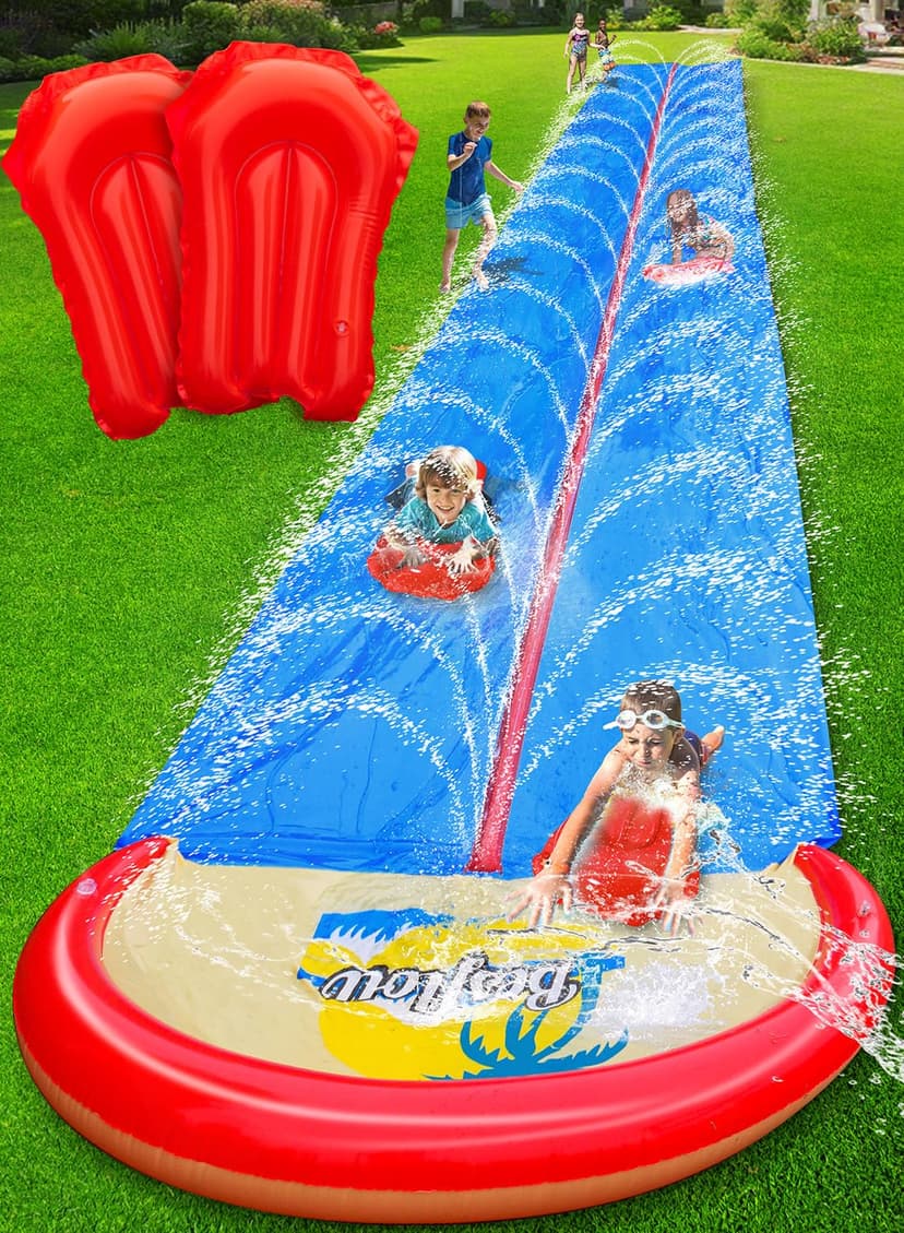 Spring Water 32FT Slip and Water Slide for Kids and Adults, Extra Long Heavy Duty Lawn Water Slides with Sprinklers, 2 Lane Slip Splash Slide with Inflatable Bodyboards, Summer Outdoor Backyard Toys