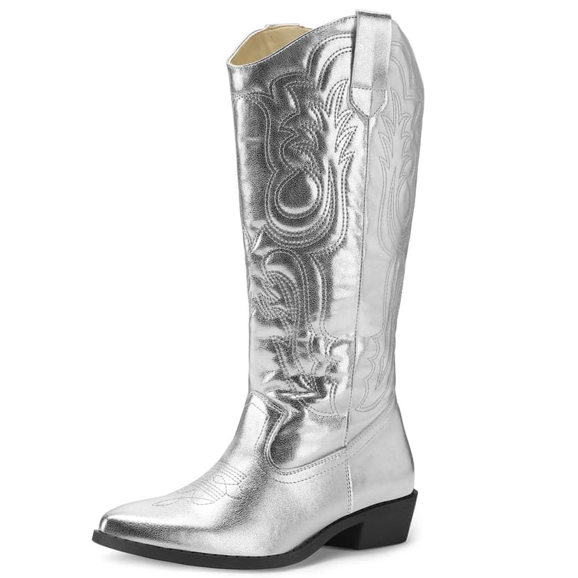 mysoft Women's Cowboy Boots Mid Calf Western Embroidered Pointed Toe Chunky Heel Pull On Cowgirl Boots Fit Medium Wide Width