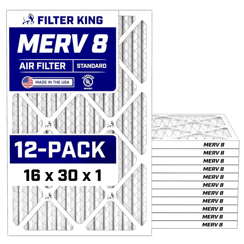 Filter King 16x30x1 Air Filter (MERV 8) (12-Pack) Dust & Allergy Control AC Furnace Filters, MADE IN USA, HVAC, Pleated, Electrostatic (Actual Size: 15.5 x 29.5 x .75)