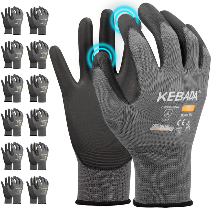 Kebada W1 Safety Work Gloves for Men & Women, Touchscreen, PU Coated | 12 Pairs, Gray, Breathable Seamless Knit, Lightweight, Secure Grip. Ideal for Warehouse, Construction, Gardening & Mechanics