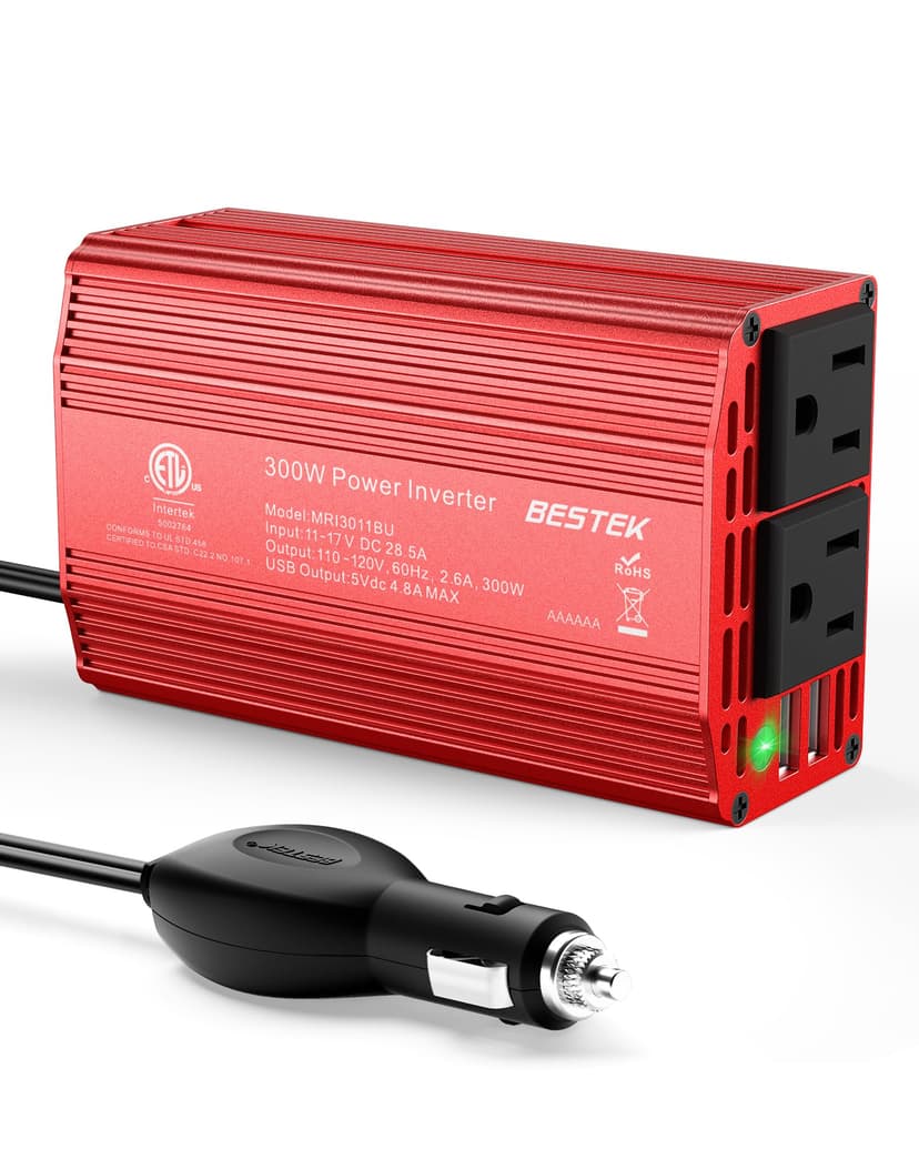 BESTEK Power Inverter DC 12-17V to AC 110V - 300W Car Plug Adapter Outlet | 4.8A Dual USB Fast Charging Port, Vehicle Charger Cigarette Lighter Adapter for Phone, Laptop on Road Trip - Aluminum Housin