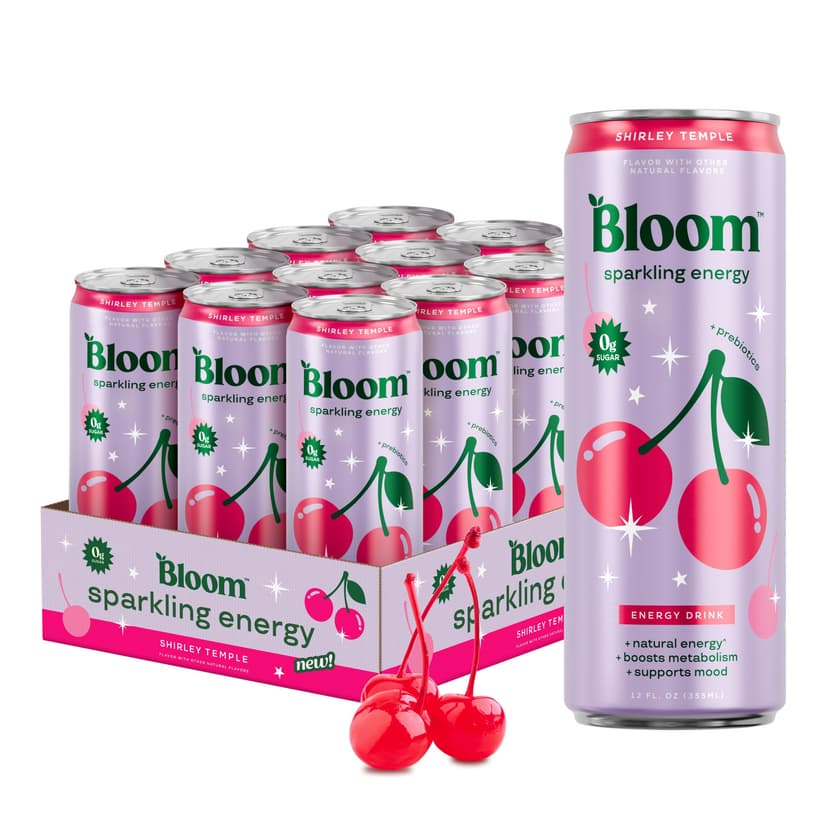 Bloom Nutrition Sparkling Energy Drink - Natural Caffeine, Zero Sugar, 180mg Caffeine - Antioxidant-Rich with Green Coffee Bean, Green Tea Extract, Prebiotics - Shirley Temple- 12oz 12 Pack