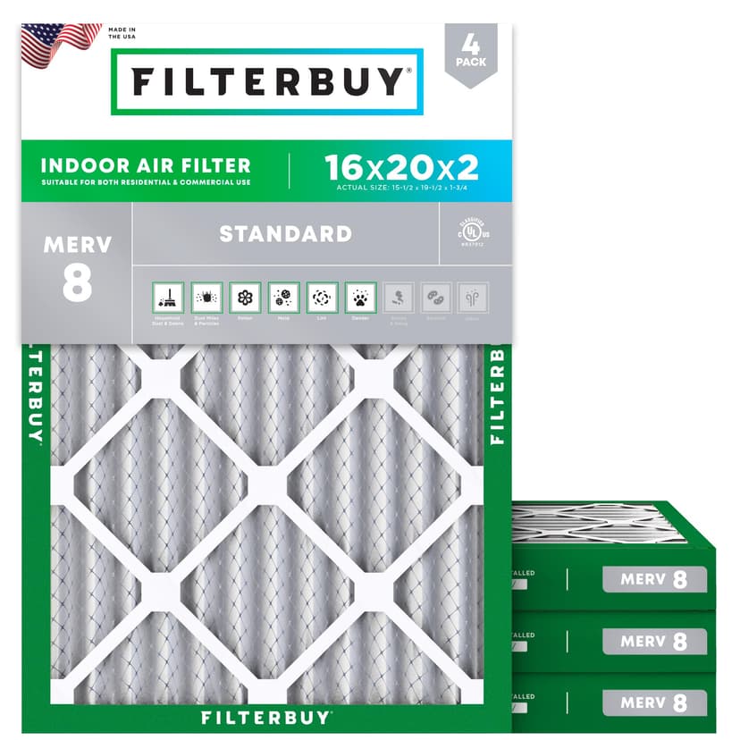 Filterbuy 16x20x2 Air Filter MERV 8 Dust & Allergy Defense (4-Pack) | Electrostatic Pleated HVAC AC Furnace Filters Replacement, Made in USA (Actual Size: 15.50 x 19.50 x 1.75)