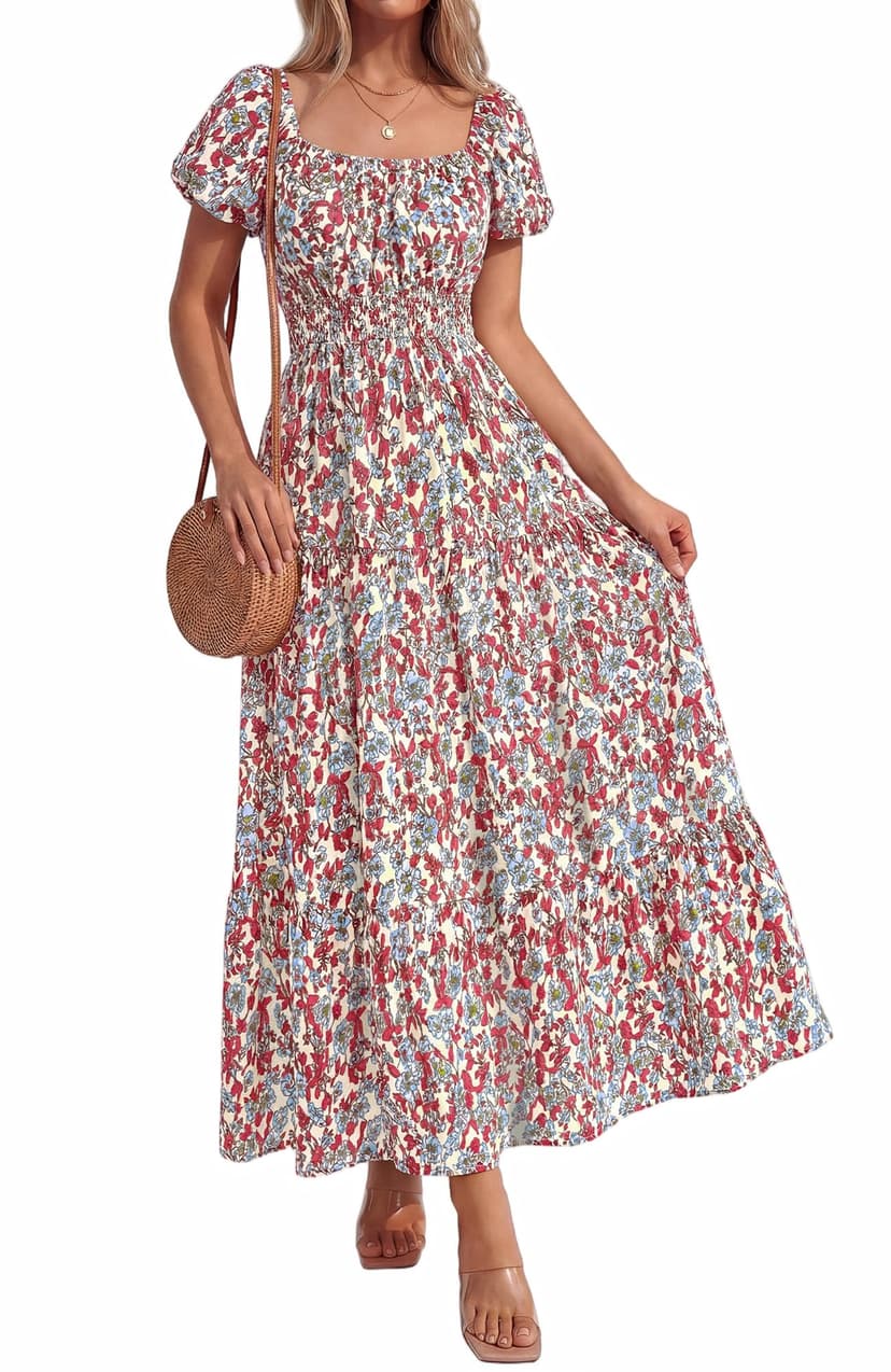 BTFBM Summer Dress for Women 2026 Spring Floral Short Sleeve Casual Flowy A-Line Smocked Tiered Maxi Dresses Pockets
