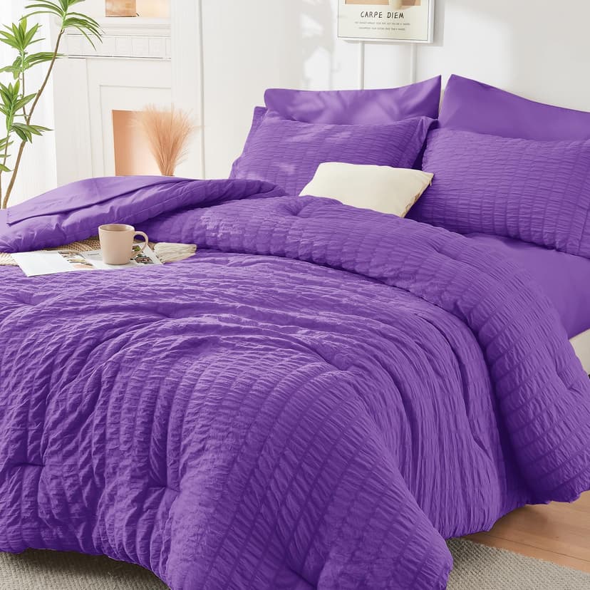 HYMOKEGE Bright Purple Queen Comforter Set Seersucker 7 Pieces, All Season Luxury Bed in a Bag Queen for Bedroom, Bedding Set with Comforter, Sheets, Pillowcases & Shams