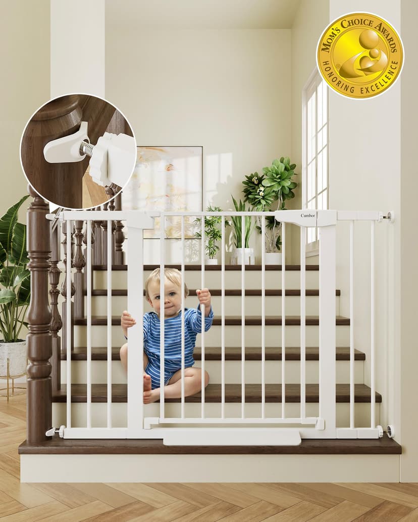 Cumbor 30-46" Baby Gate for Stairs, Toddler Safety Essentials for the House, Auto Close Dog Gate for Doorways, Mom's Choice Awards Winner-Easy Install Pressure/Hardware Mounted Pet Gate for Dogs,White