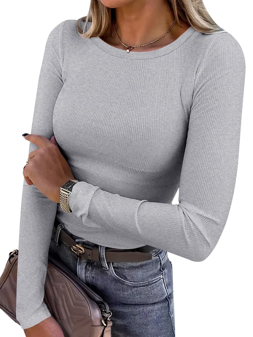 ANRABESS Women Long Sleeve Shirts Ribbed Fitted Tops | Slim Basic Tee,2026 Fall Outfits,Lightweight Knit T-Shirt,Soft Underscrub,Winter Layer Clothing,Casual Work & Everyday Wear