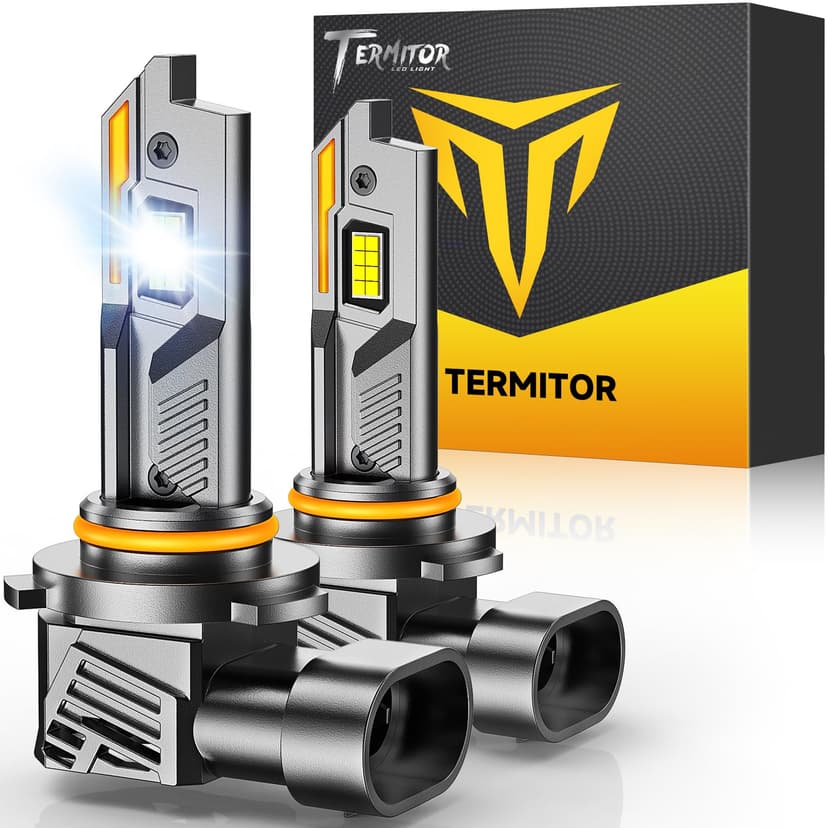 Termitor Upgraded & Brightest 9005/HB3 Light Bulbs, 50,000LM 12X Ultra Brightness, 1:1 Mini Size, 6500K Cool White Fog Light with Cooling Fan, Plug and Play, Pack of 2