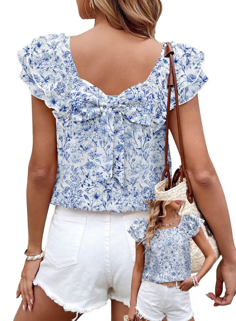 Falechay Womens Bow Tie Back Tops Round Neck Ruffle Short Sleeve Shirts Cute Babydoll Chiffon Tee Women Summer Trendy Tunic