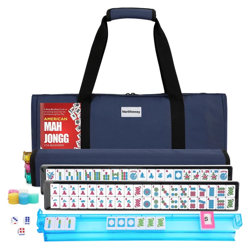 Marllifenney American Mahjong Tile Set,166 Blue Tiles Mahjong Set,4 Colors Mahjong Racks,Travel Mahjong Set with Blue Carrying Bag