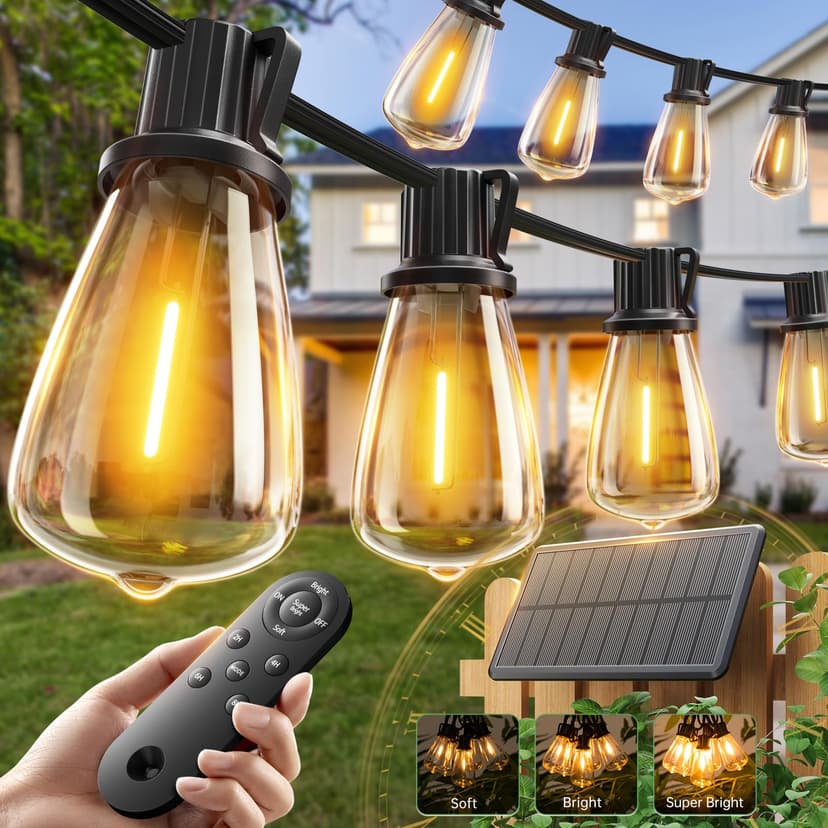 addlon 52(48+6) FT Solar String Lights Waterproof,Patio Lights Solar Powered with Remote & USB Port 16+1 LED Shatterproof Bulbs 3 Light Modes, Dimmable Solar Light for Camping Backyard Garden